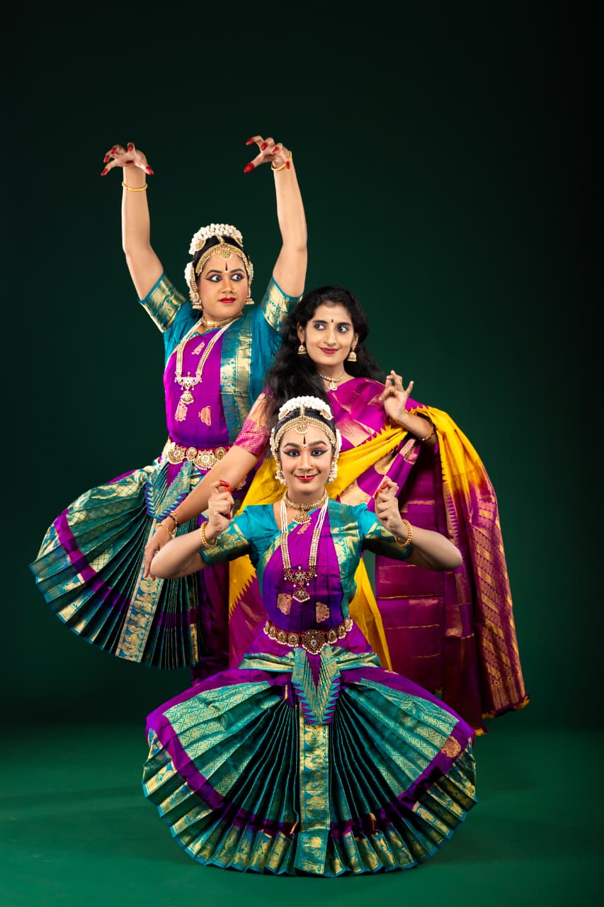 Hreemkari students performing Bharatanatyam together on stage